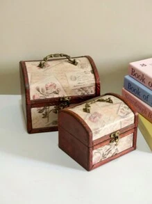 1 套/2 件复古方形皮革首饰收纳盒，手工木制带锁，勃艮第棕色，首饰收纳盒和家居装饰配件，适用于首饰收纳和返校礼物 - 紅棕色 - 查看 4