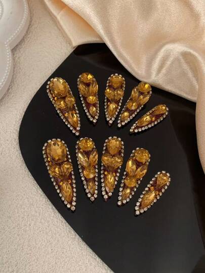 Improve Charm 10 Pieces Removable Wearable Pure Handmade Wearable Nail 54mm Thin High Heel Nail Chain Edge Three-Dimensional Butterfly Dollar Three-Dimensional Purple Large Rhinestone Can Be Worn Repeatedly Nails