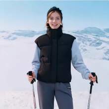 Skechers Down & Feathers Vest, Lightweight & Warm, Water-Resistant, Stand Collar, Sports Woven Padded Gilet Jacket