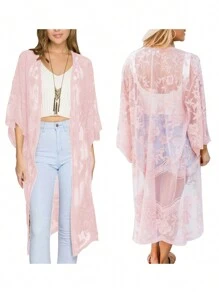 Women Casual Beachwear Cardigan Solid Color 3/4 Sleeve See-Through Embroidery Flower Cover-Up - 粉色 - 查看 4