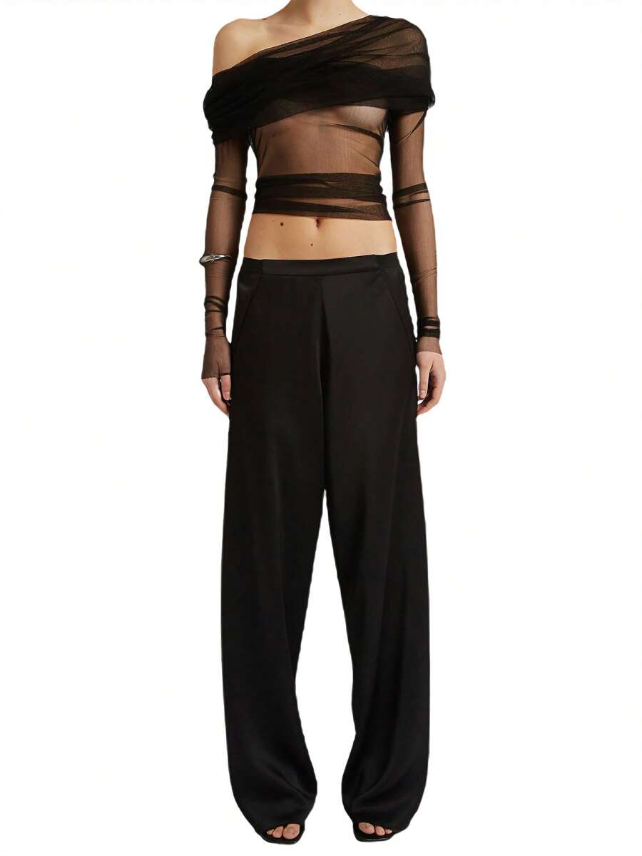 Women Crop Shirt, Long Sleeves Off Shoulder Pleated Solid Color Casual Party Street Summer Tops - màu đen - Xem 1