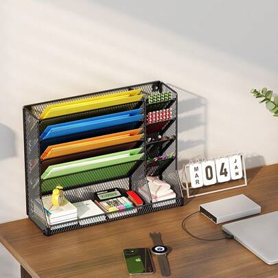 File Organizer Wall Mounted 4 Tiers Durable Adjustable Metal Vertical Hanging With 4 Pen Slots Stable R-Shaped Bottom 4 Pull-Out Devider To Sort File, Mail, Newspaper,Pen, Suitable For Office,Black