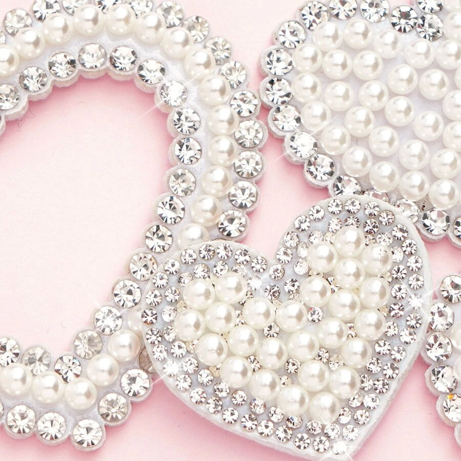 Heart Design Patch Sticker, Fashionable Rhinestone & Faux Pearl Decor Embroidery Applique For Craft Pearl Rhinestone Patches For Clothest Pearl Rhinestones Applique Sew On/Glue On Patches Faux Pearl Rhinestone Patches For Clothes Pearl Rhinestones Applique Sew On/Glue On Patches - White - View 1