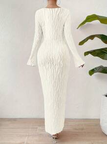 Vestido midi ajustado de mujer con mangas acampanadas, bajo con orillo de lechuga y unicolor - Blanco - Ver 3