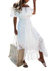 Women's Boho Maxi Dress Lace Tassel V-Neck Flare Ruffle Fringed Beach Summer Dresses Elegent Off Shoulder Beach Dress - 白色 - 查看 4