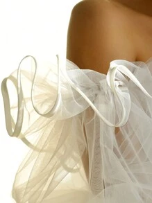 1 Pair Lantern Sleeve Bridal Long Gloves, Satin Ribbon Edged Mesh Fingerless Gloves, Romantic Cover-Arm Detachable Wedding Dress Sleeves