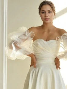 1 Pair Lantern Sleeve Bridal Long Gloves, Satin Ribbon Edged Mesh Fingerless Gloves, Romantic Cover-Arm Detachable Wedding Dress Sleeves