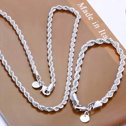 925 Sterling Silver Plated 4mm Chain Male Twisted Rope Necklace Bracelets Fashion Women Men Silver High Quality Jewelry Set