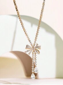 Bowknot Design PendantNecklace For Women Wedding Luxury Copper Pendantwith Zirconia InlaidBowknot Pendant Necklace