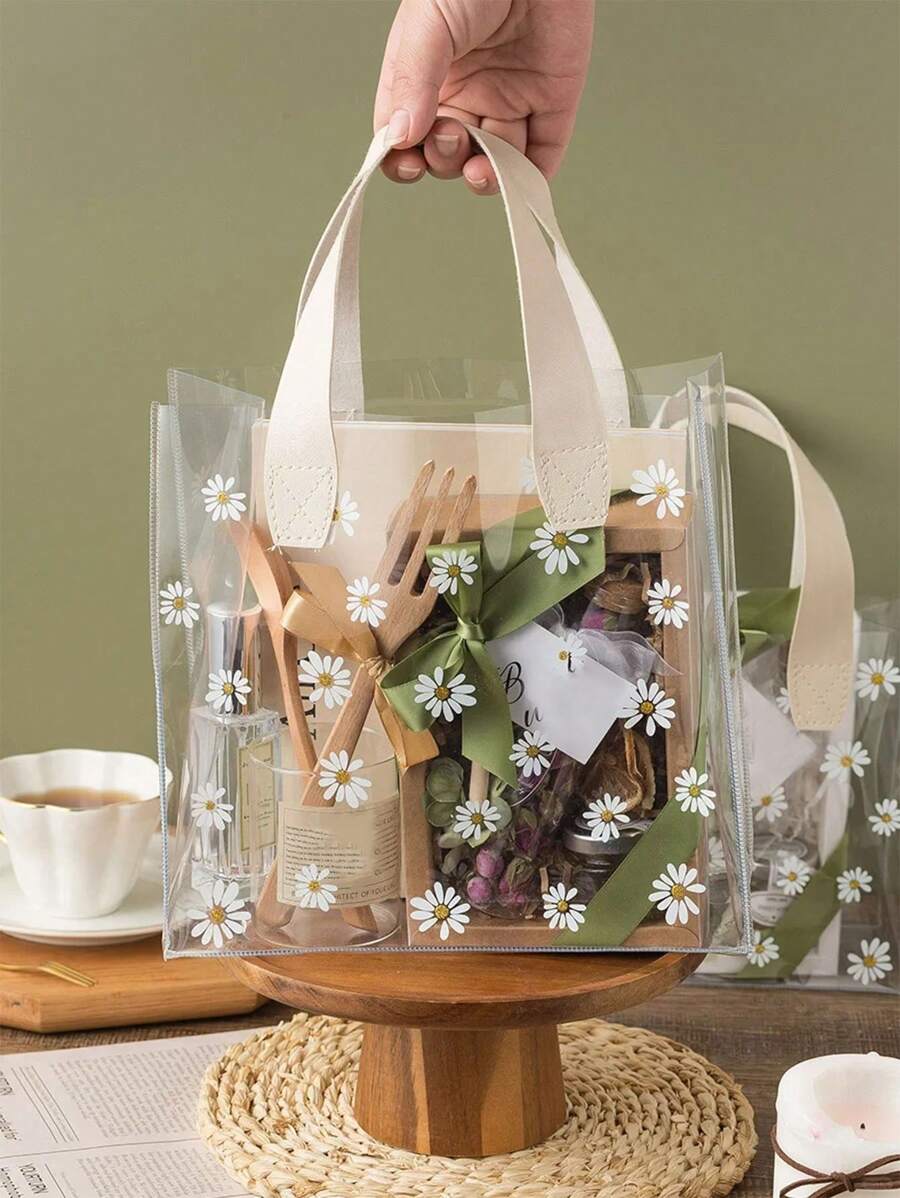 5pcs/Set Birthday Gift Bags, (Excluding Ribbons, Plain Handbag) Transparent PVC Tote Bags, Wedding Candy Gift Bags, Simple Style Unprinted Handbag, Large Capacity Cosmetic Storage Bags, Birthday Party Favor Bags, Christmas, Back To School Plastic Waterproof Gift Bags, Transparent Gift Bags For Wedding, Housewarming Shower