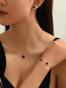 1Set 925 Sterling Silver Five Leaf Flower Lucky Bracelet Necklace & Earring Set, Gift For Women Daily Wear Holiday Gift Original Designed Glamorous Retro Party Fine Jewelry Valentines - Flower Set - View 2