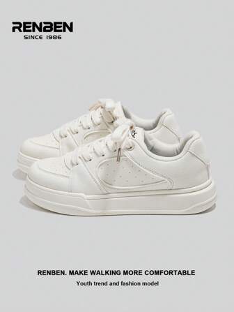 RENBEN 1 Pair Women's White Sneakers, Thick Sole Casual Versatile Shoes, Suitable For Dresses, College Students, Athletic, Autumn/Winter 2024 New Arrivals