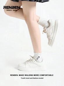 RENBEN 1 双女式白色运动鞋，厚底休闲百搭鞋，适合连衣裙、大学生、运动，2024 年秋冬新品 - 米色 - 查看 10