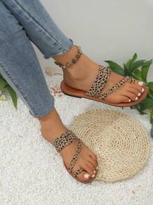 女士豹纹平底凉鞋，休闲防滑沙滩凉鞋，适合度假、派对、角斗士风格、户外穿着 - 棕色 - 查看 6