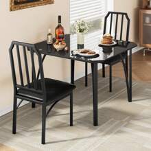 Kitchen Dining Table Set For 2, Kitchen Table With Glass Tabletop,2 PU Leather Chairs For Small Space,Home Kitchen,Apartment - 黑色 - 查看 9