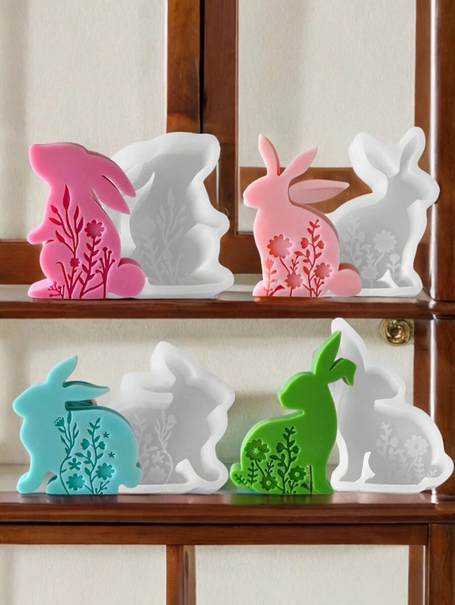 1pc Easter Bunny Scented Candle Silicone Mold, DIY Embossed Flower And Rabbit Candle Silicone Mold - White - View 1