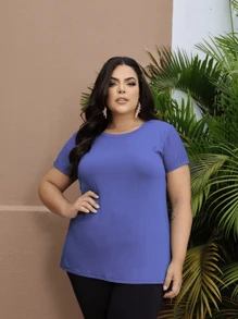 Plus Size T-Shirt Women's Basic Blouse Basic Look Ideal Uniform Customize Round Neck Curve T-Shirt - 藏蓝色 - 查看 1