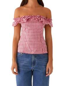 Women's Summer Slim Tops Short Sleeve Off Shoulder Open Back Plaid T-Shirt - Red - View 1