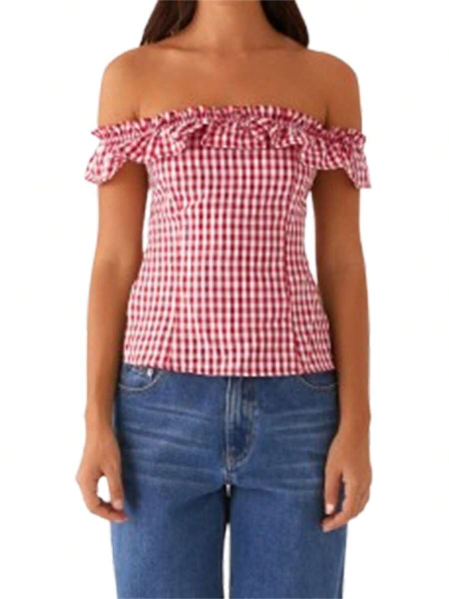 Women's Summer Slim Tops Short Sleeve Off Shoulder Open Back Plaid T-Shirt - Red - View 1