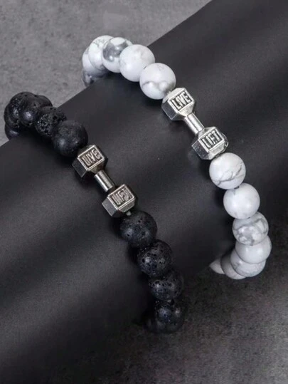 2 piezas Conjunto de pulseras minimalistas de pareja, pulsera de cuentas de piedra de lava volcánica negra natural y turquesa blanca mate en forma de mancuerna, pulsera unisex con barra de pesas para fitness, regalo elegante para familia, amigos, novio/novia