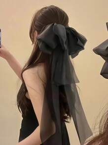 1 Stück Oversized Tüll-Schleifenclip mit langem Streifen, schwarze Haarklammer, elegante atmosphärische Haarzubehör für Frauen für den täglichen Gebrauch, Partys, Hochzeiten geeignet