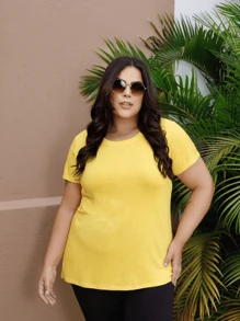 Plus Size T-Shirt Women's Basic Blouse Basic Look Ideal Uniform Customize Round Neck Curve T-Shirt - 黃色 - 查看 1