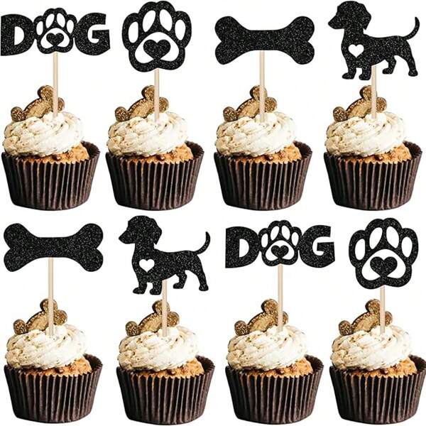 24pcs Pet Dog Theme Cupcake Toppers Glitter Bone Puppy Dog Paw Cupcake Picks Puppy Dog Theme Birthday Party Cake Decorations Supplies Black