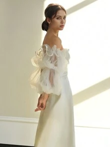 1 Pair Lantern Sleeve Bridal Long Gloves, Satin Ribbon Edged Mesh Fingerless Gloves, Romantic Cover-Arm Detachable Wedding Dress Sleeves