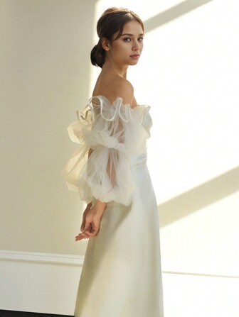 1 双灯笼袖新娘长手套，缎带边网眼露指手套，浪漫遮臂可拆卸婚纱袖子秋季配饰