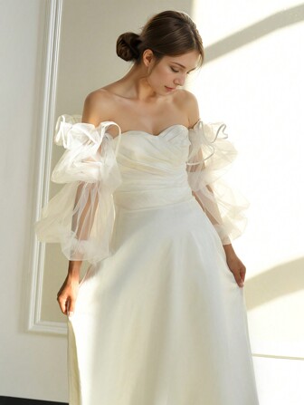 1 双灯笼袖新娘长手套，缎带边网眼露指手套，浪漫遮臂可拆卸婚纱袖子秋季配饰