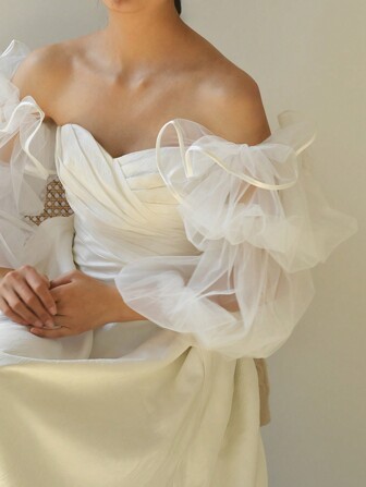 1 par långa brudhandskar med lyktaärm, fingerlösa handskar med satinbandkant i nät, romantiska avtagbara ärmar för bröllopsklänning, höstaccessoarer