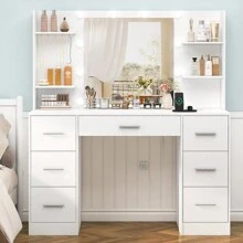 Schminktisch mit Beleuchtung, Einstellbarer Helligkeit, Schminktisch mit Spiegel und Steckdose, Schminktische mit 7 Schubladen, 6 Regale & 5 Haken, Moderner Kommode, Schlafzimmer, weiß