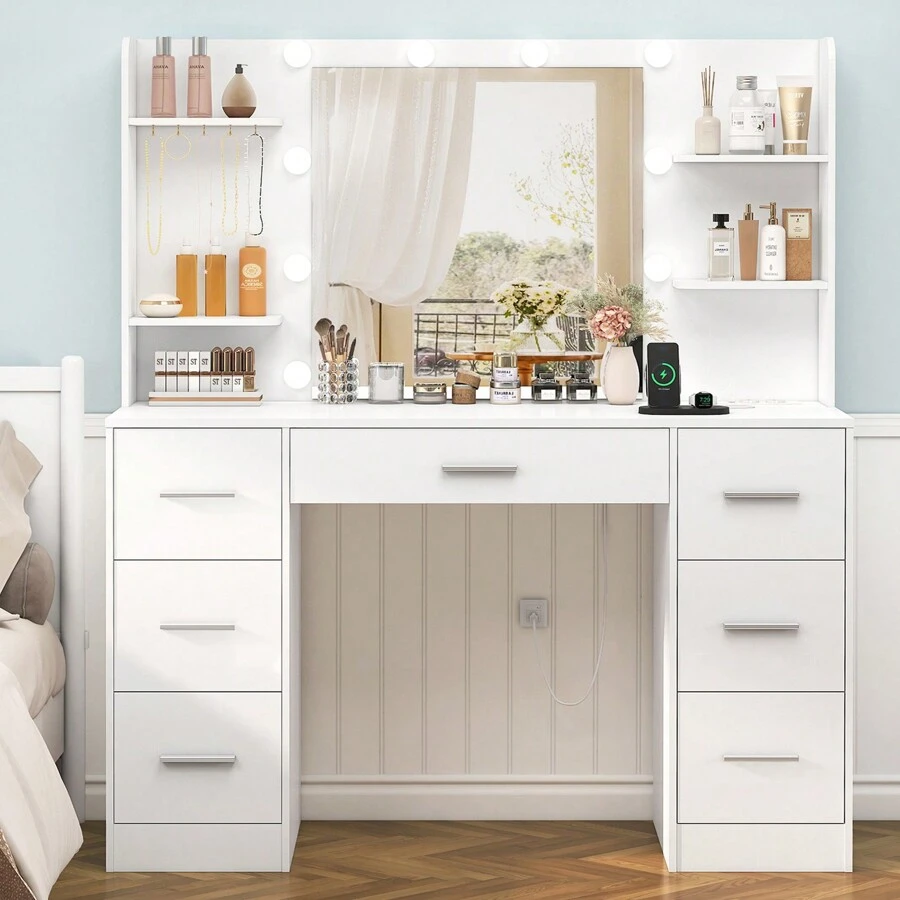 Schminktisch mit Beleuchtung, Einstellbarer Helligkeit, Schminktisch mit Spiegel und Steckdose, Schminktische mit 7 Schubladen, 6 Regale & 5 Haken, Moderner Kommode, Schlafzimmer, weiß