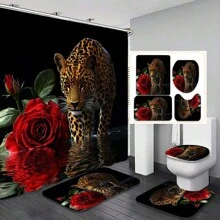 1/4 件创意老虎与玫瑰花卉防水浴帘套装，情人节、冬季、新年、节日家居装饰，奢华浴室配件，防水，可机洗，含 12 个挂钩，必备浴室装饰，浴缸分隔器，易于清洁的设计，带来清爽的浴室体验，秋季装饰，返校 - 黑色 - 查看 1