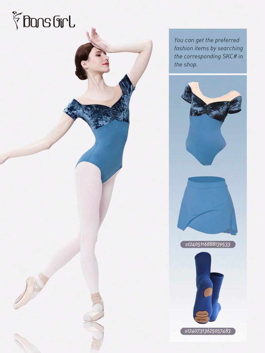 DonsGirl 1 bộ áo liền quần tay ngắn bằng nhung kiểu cổ điển, phối nhiều mảnh vải - Trang phục biểu diễn múa ba lê và múa hiện đại cổ điển mùa xuân