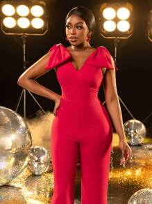 纯色蝴蝶结细节低胸无袖派对连体裤，适合婚礼宾客 - 紅色 - 查看 6