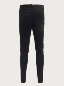 Men's Elastic Skinny Ripped Jeans, Casual Solid Color Slim Fit Pants - Black - View 2