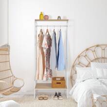 Clothes Rack With Wood Shelf, Freestanding Clothing Rack,Garment Rack, Standing Metal Sturdy Clothing Rack, White - White - View 10