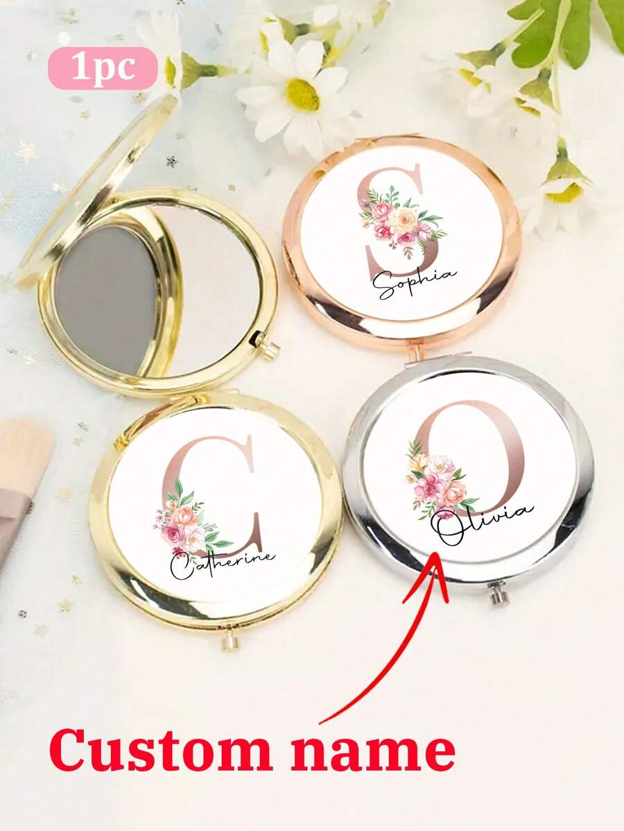 1pc Personalized Pocket Mirror, Customizable Name, Gift Box Packaging, Bridesmaid Gift, Bridal Shower Gift, Wedding Gift, Mother's Day Gift, Engraved Pocket Mirror, Customized Engraved Compact Makeup Mirror - Elegant Stainless Steel Material With Magnifying Function, Personalized Pocket Folding Makeup Mirror, Customizable Name Flower Design, Personalized Makeup Mirror, Portable Handheld Mirror Gift