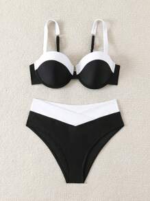 New Fashion Color Blocked Padded Bikini Swimwear Set Summer - Black and White - View 7