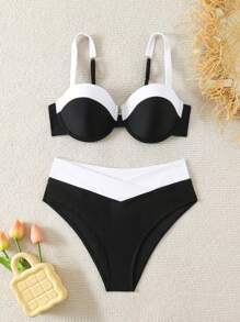 New Fashion Color Blocked Padded Bikini Swimwear Set Summer - Black and White - View 6