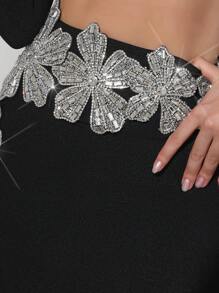 全新闪亮水钻 3D 花朵短款上衣搭配长绷带裙性感两件套西装，正式晚会礼服 - 銀色 - 查看 10