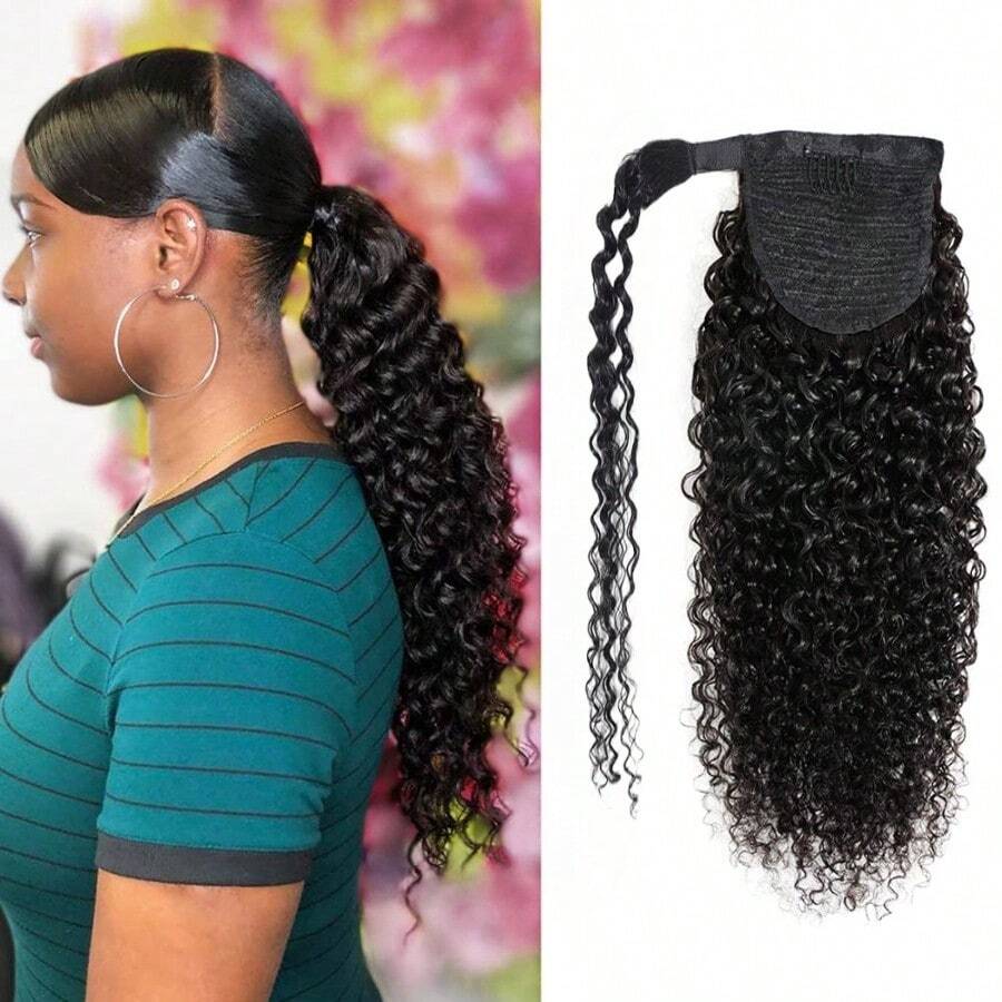 Extensiones de cola de caballo rizada y rizada de cabello humano, cola de caballo envolvente Remy con gancho y bucle, clip en el cabello - SNatural - Ver 1