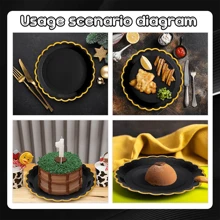 10 pièces Assiettes en papier noires et dorées à bord doré. Assiettes jetables décoratives à bords festonnés. Assiettes à gâteaux et desserts en papier pour anniversaire, mariage, enterrement de vie de jeune fille, retraite, anniversaire. Fournitures de fête - beaucoup - Voir 4