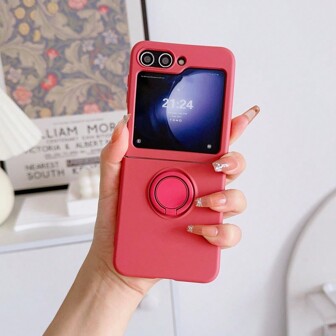 1pc Luxury Full Coverage Liquid Silicone Case With Built-In Anti-Scratch Velvet Lining & Integrated Ring Holder Stand, Compatible With Samsung Z Flip 6/5/4/3 & Compatible With IPhone 16