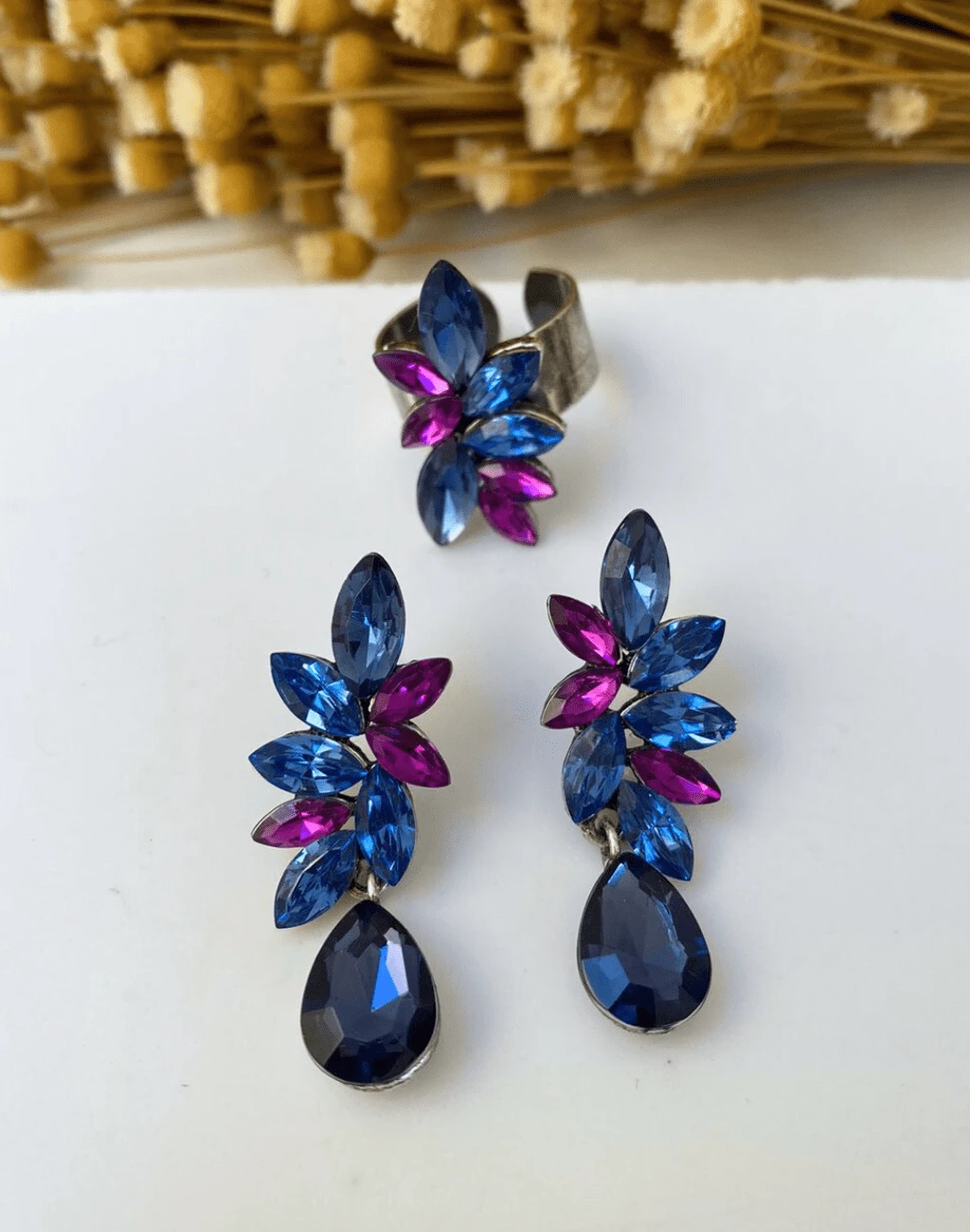 Emerald Green Navy Blue Fuchsia Party Earring And Ring - 紫色和藍色 - 查看 1