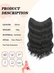 Extensions de cheveux avec clips, vague longue avec 5 clips de sécurité, 22 pouces, extensions de cheveux avec clips en forme de V en fibre synthétique ondulé, pour 1 pièce usage quotidien des femmes
