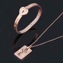 rongji jewelry 1 Set Pulsera y Collar de Pareja con Corazón y Candado de Acero de Titanio, Resistente al Desgaste, Regalo del Día de San Valentín, Mamá, Madre, Día de la Madre