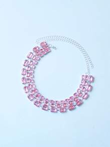 Multi-Layer Asymmetrical Diamond Necklace, Bridal Wedding Jewelry Necklace Accessory - Pink - View 2