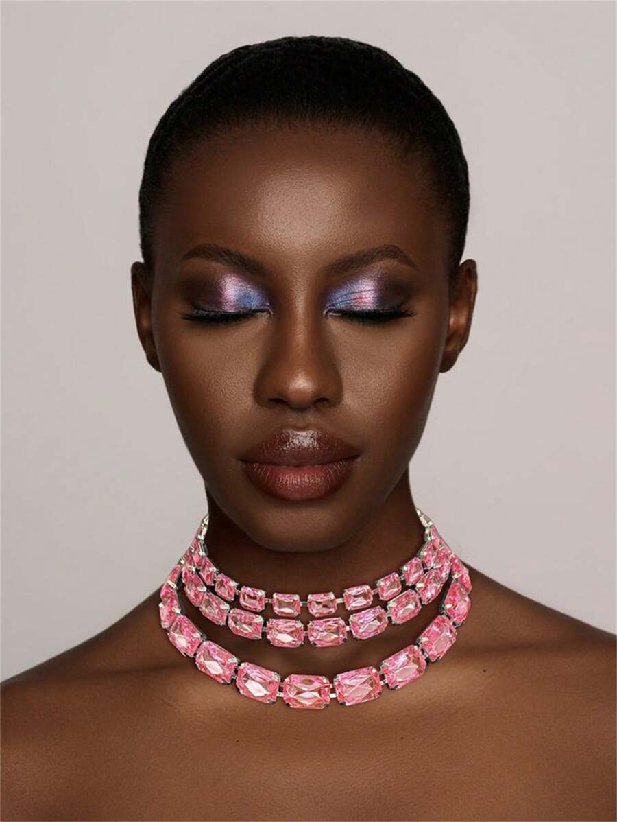 Multi-Layer Asymmetrical Diamond Necklace, Bridal Wedding Jewelry Necklace Accessory - Pink - View 1